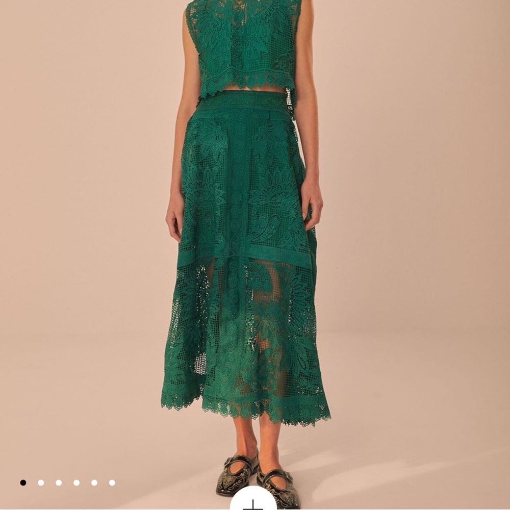 Farm Rio Green Toucans Guipure Midi Skirt
